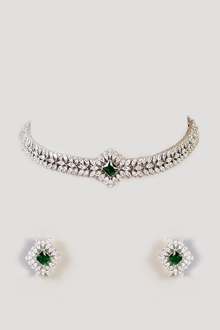 White Finish Diamond & Green Stone Choker Necklace Set by Zevar by Geeta at Pernia's Pop Up Shop