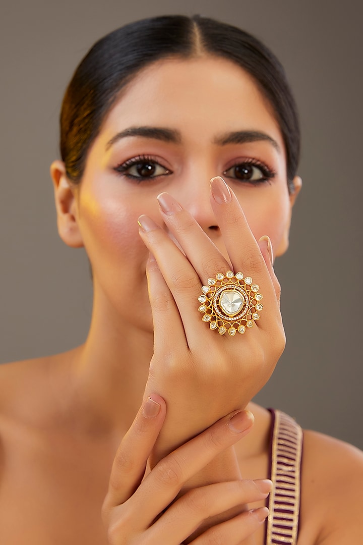 Gold Finish Moissanite Polki Ring by Zevar by Geeta at Pernia's Pop Up Shop