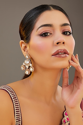 Gold Finish Moissanite Polki Dangler Earrings by Zevar by Geeta