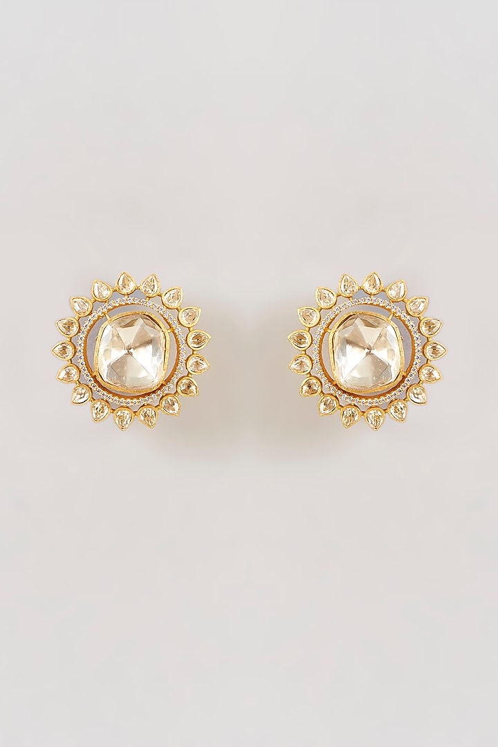 Gold Finish Moissanite Polki Stud Earrings by Zevar by Geeta at Pernia's Pop Up Shop