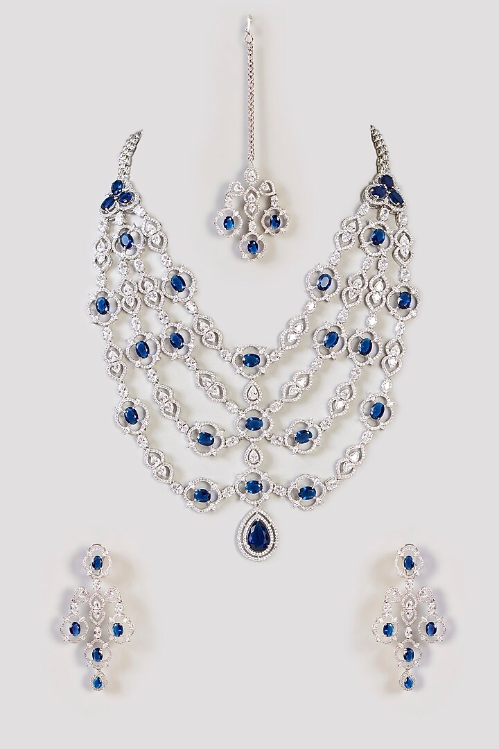 White Finish Sapphire Stone & Diamond Layered Long Necklace Set by Zevar by Geeta at Pernia's Pop Up Shop