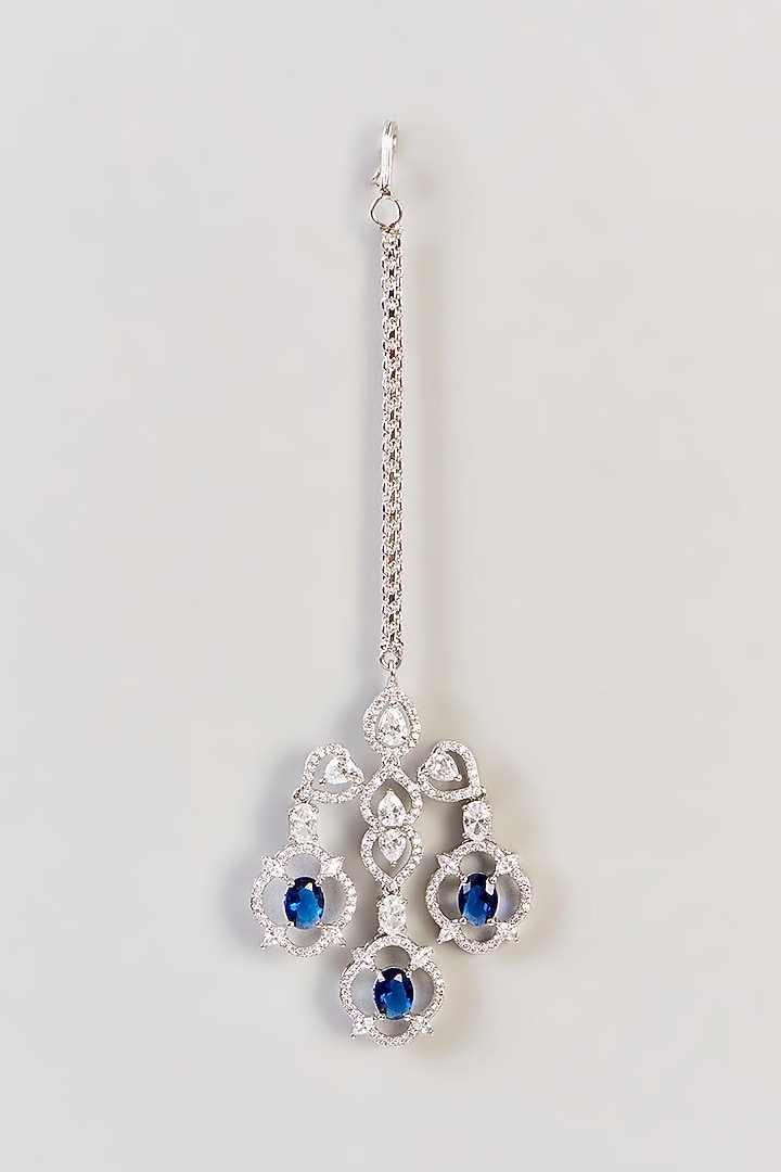 White Finish Sapphire Stone & Diamond Layered Long Necklace Set by Zevar by Geeta at Pernia's Pop Up Shop