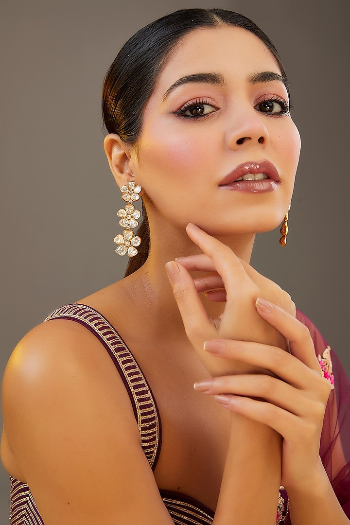 Gold Finish Moissanite Polki Floral Dangler Earrings by Zevar by Geeta at Pernia's Pop Up Shop