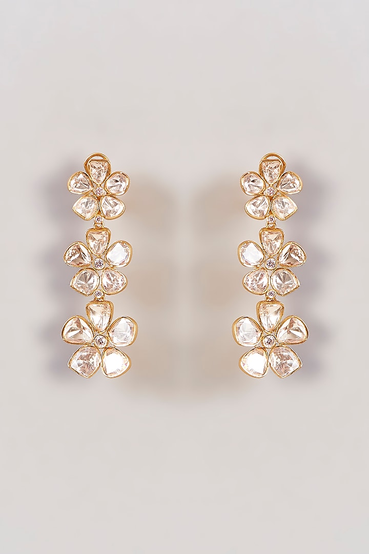 Gold Finish Moissanite Polki Floral Dangler Earrings by Zevar by Geeta at Pernia's Pop Up Shop