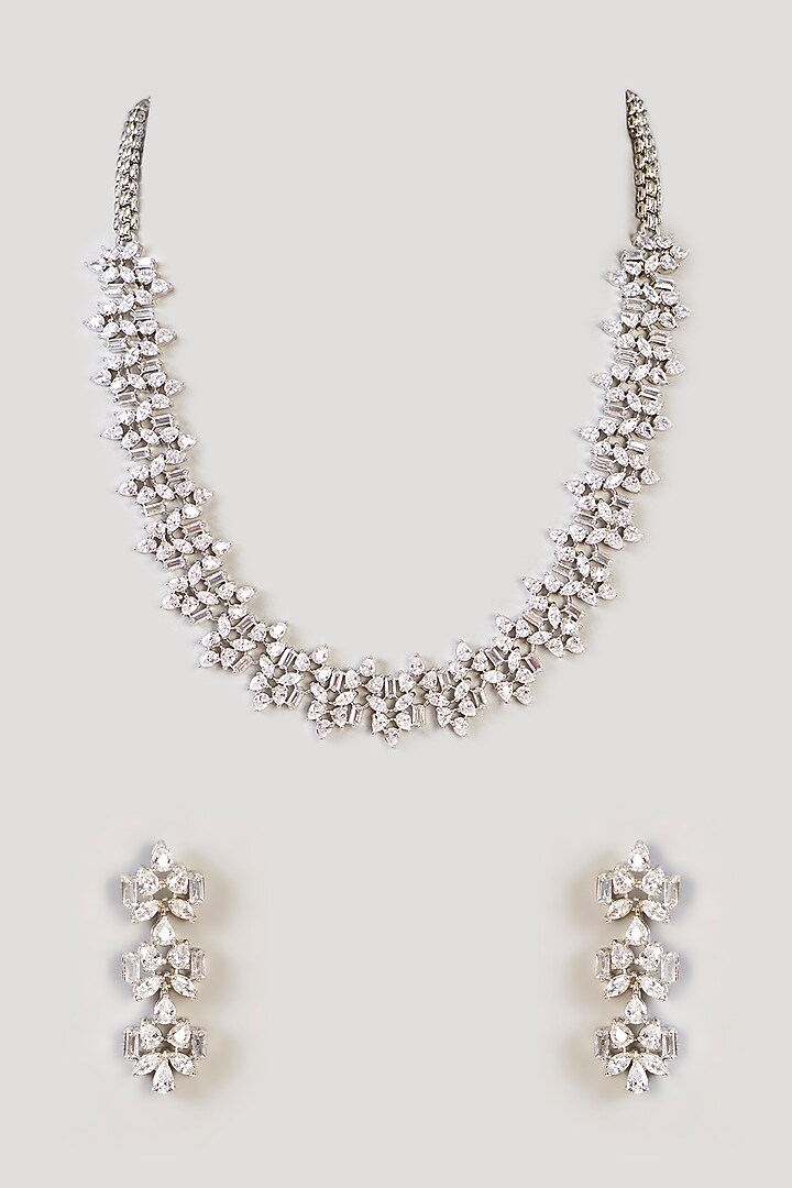 White Finish Diamond Necklace Set by Zevar by Geeta at Pernia's Pop Up Shop