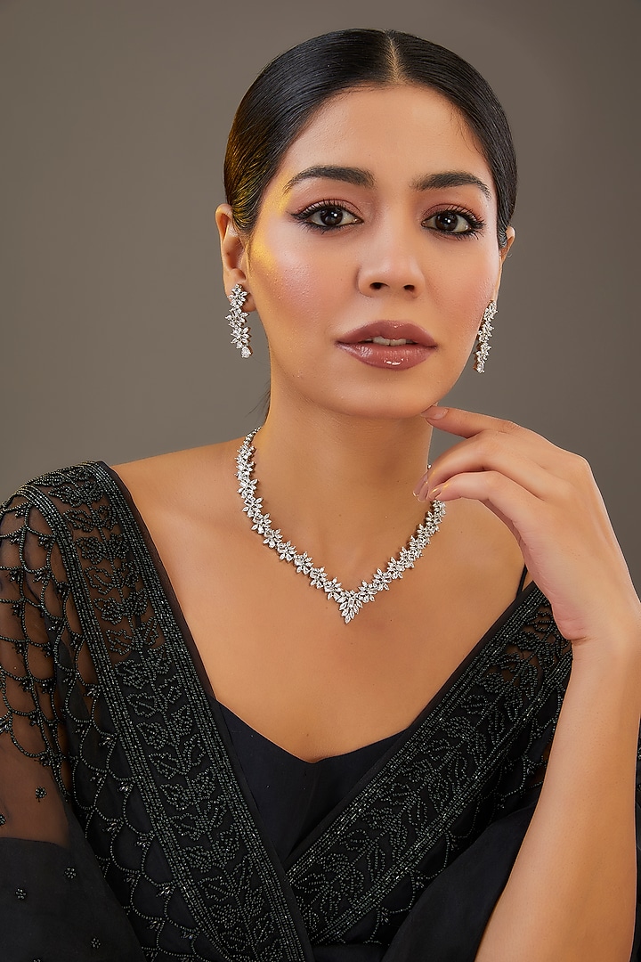 White Finish Diamond Necklace Set by Zevar by Geeta at Pernia's Pop Up Shop