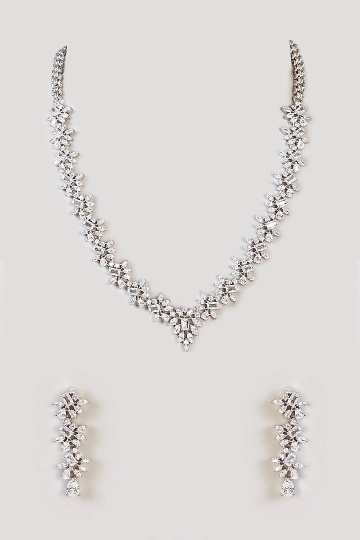 White Finish Diamond Necklace Set by Zevar by Geeta at Pernia's Pop Up Shop