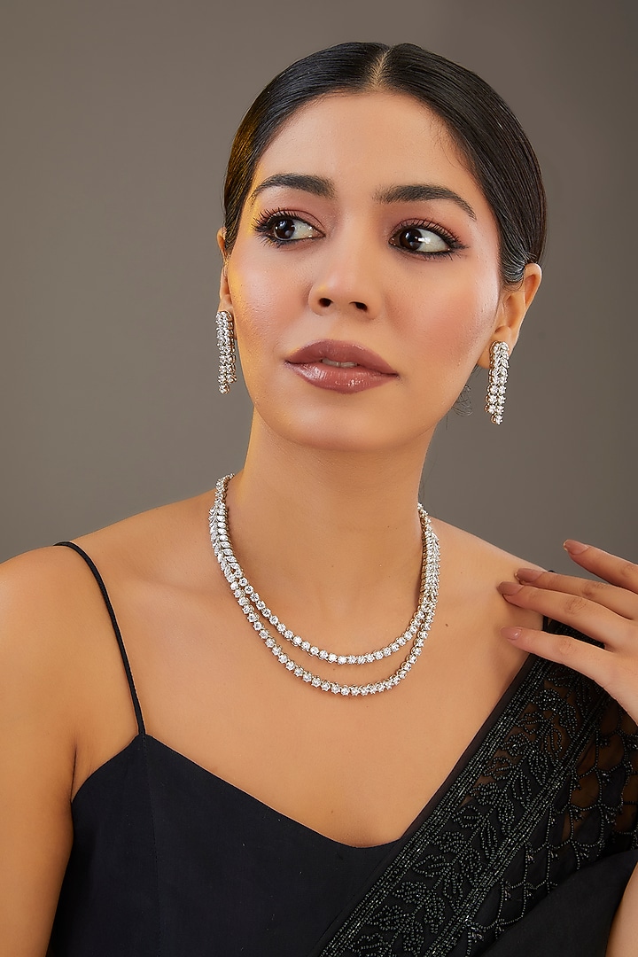 White Finish Diamond Layered Necklace Set by Zevar by Geeta at Pernia's Pop Up Shop