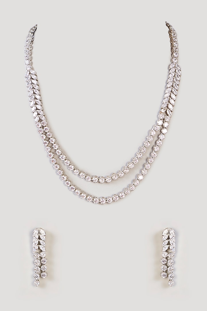 White Finish Diamond Layered Necklace Set by Zevar by Geeta at Pernia's Pop Up Shop