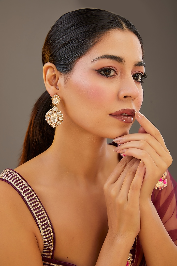 Gold Finish Moissanite Polki Dangler Earrings by Zevar by Geeta at Pernia's Pop Up Shop