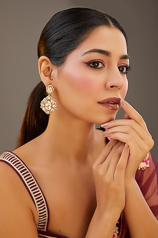 Gold Finish Moissanite Polki Dangler Earrings by Zevar by Geeta