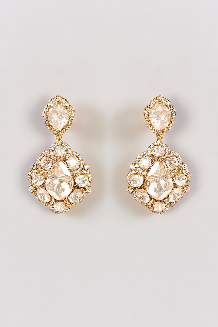 Gold Finish Moissanite Polki Dangler Earrings by Zevar by Geeta at Pernia's Pop Up Shop