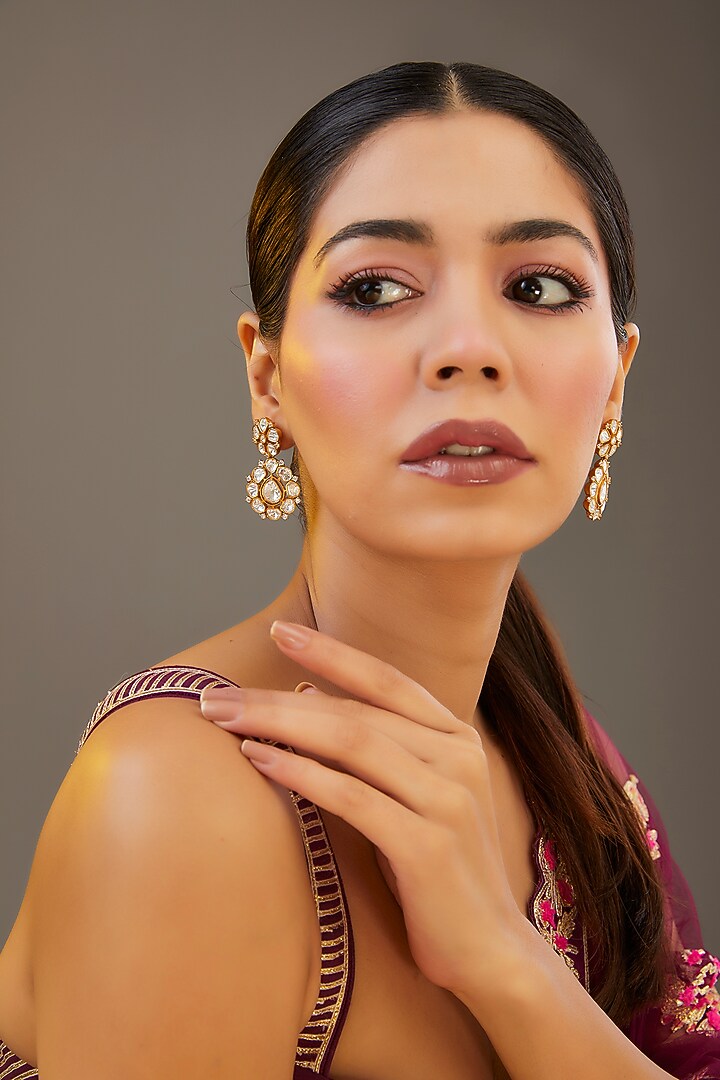 Gold Finish Moissanite Polki Dangler Earrings by Zevar by Geeta at Pernia's Pop Up Shop