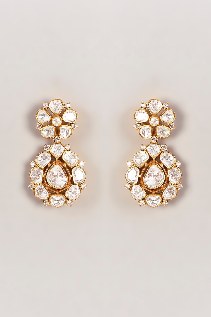 Gold Finish Moissanite Polki Dangler Earrings by Zevar by Geeta at Pernia's Pop Up Shop