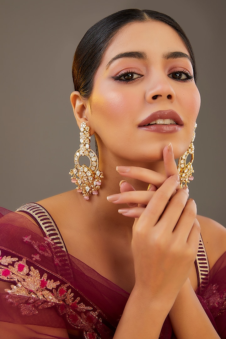 Gold Finish Moissanite Polki Dangler Earrings by Zevar by Geeta at Pernia's Pop Up Shop