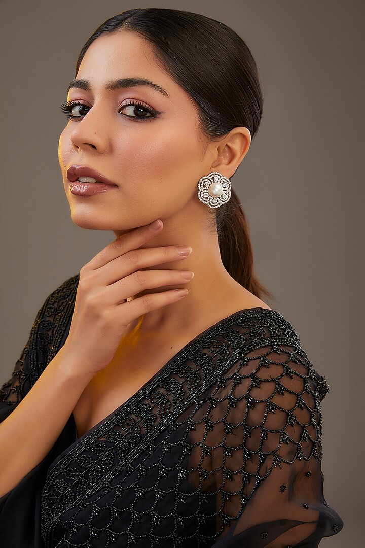 White Finish Diamond Floral Stud Earrings by Zevar by Geeta at Pernia's Pop Up Shop