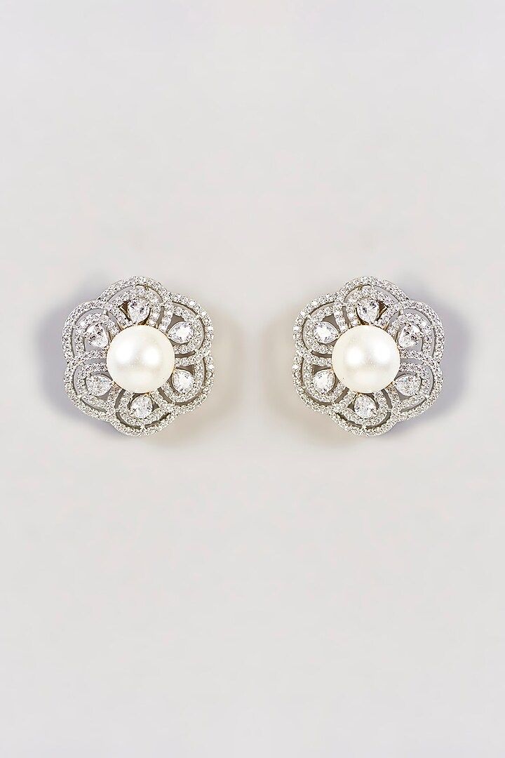 White Finish Diamond Floral Stud Earrings by Zevar by Geeta at Pernia's Pop Up Shop