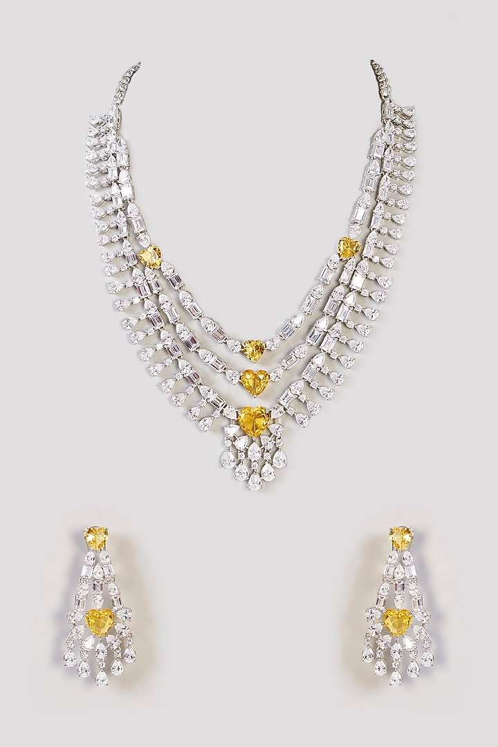 White Finish Diamond & Topaz Stone Layered Necklace Set by Zevar by Geeta at Pernia's Pop Up Shop