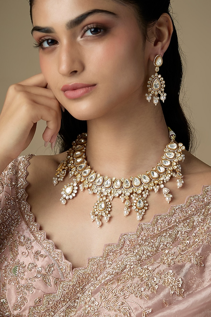 Gold Finish Moissanite Stone Necklace Set by Zevar by Geeta at Pernia's Pop Up Shop