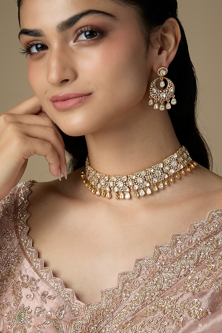 Gold Finish Moissanite Stone Necklace Set by Zevar by Geeta at Pernia's Pop Up Shop