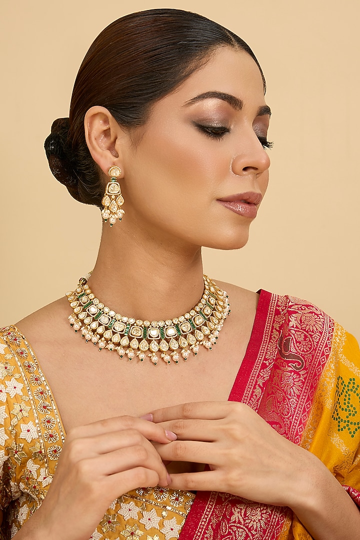 Gold Finish Green Moissanite Stone Necklace Set by Zevar By Geeta at Pernia's Pop Up Shop