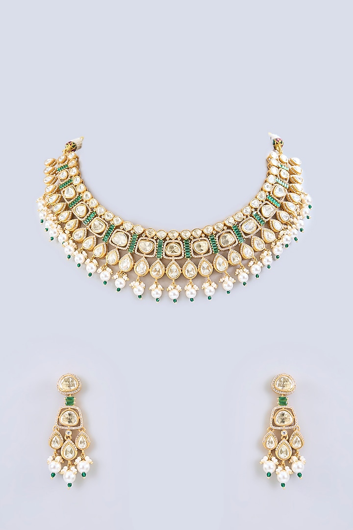 Gold Finish Green Moissanite Stone Necklace Set by Zevar By Geeta at Pernia's Pop Up Shop