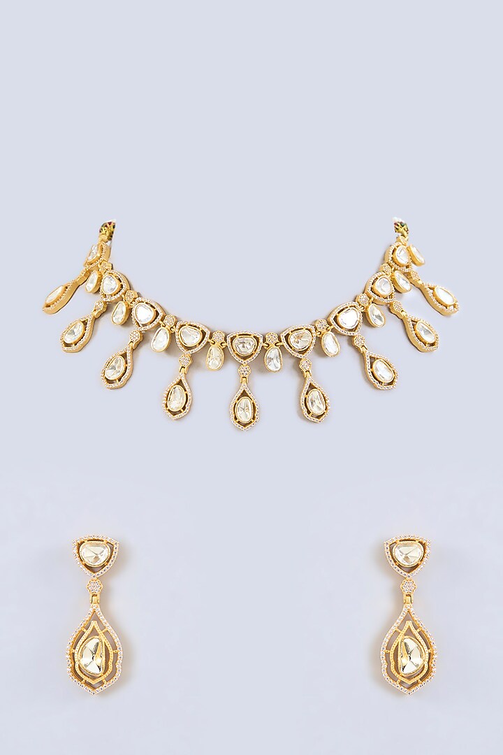 Gold Finish Moissanite Stone Necklace Set by Zevar By Geeta at Pernia's Pop Up Shop