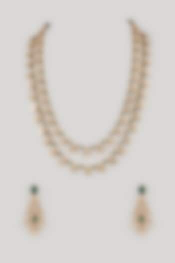 Gold Finish Green Stone Layered Necklace Set by Zevar By Geeta at Pernia's Pop Up Shop