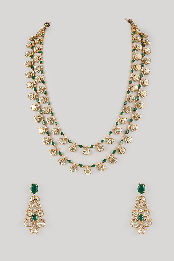 Gold Finish Green Stone Layered Necklace Set by Zevar By Geeta at Pernia's Pop Up Shop