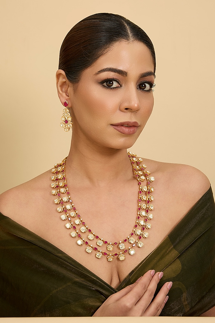 Gold Finish Red Moissanite Stone Long Layered Necklace Set by Zevar By Geeta at Pernia's Pop Up Shop