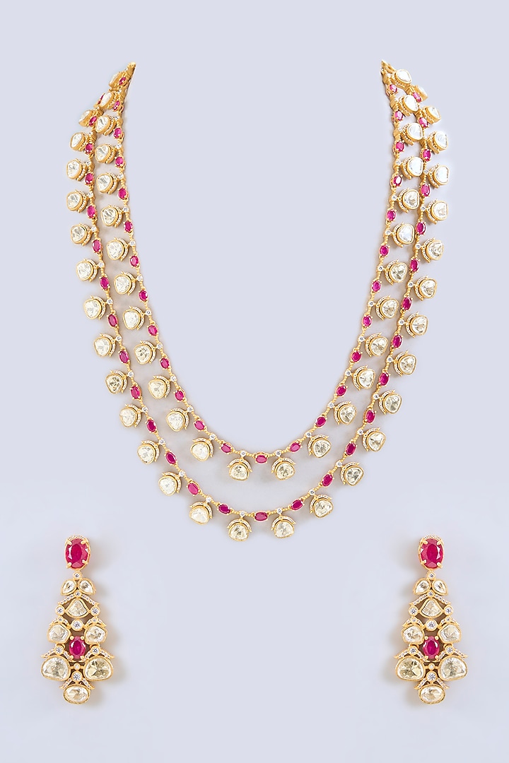 Gold Finish Red Moissanite Stone Long Layered Necklace Set by Zevar By Geeta at Pernia's Pop Up Shop