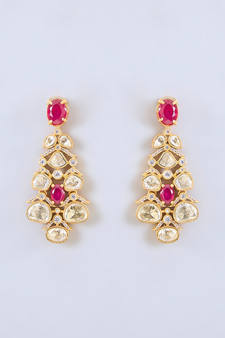 Gold Finish Red Moissanite Stone Long Layered Necklace Set by Zevar By Geeta at Pernia's Pop Up Shop