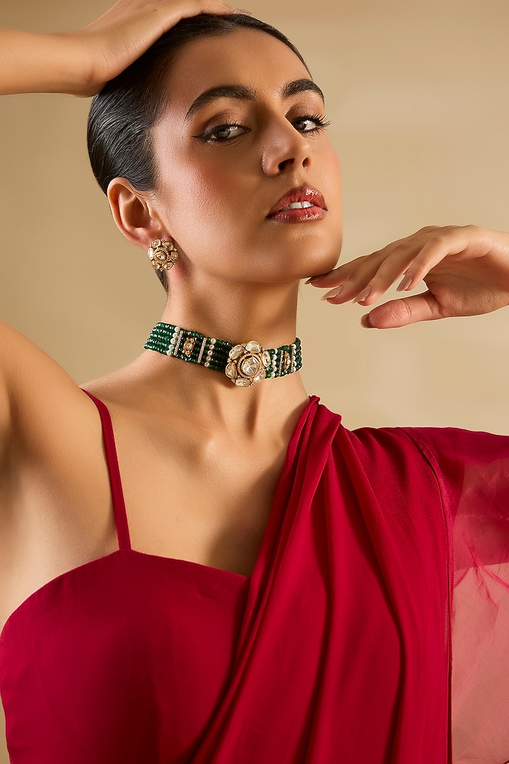 Gold Finish Blue Kundan Polki Choker Necklace Set by Zevar By Geeta at Pernia's Pop Up Shop