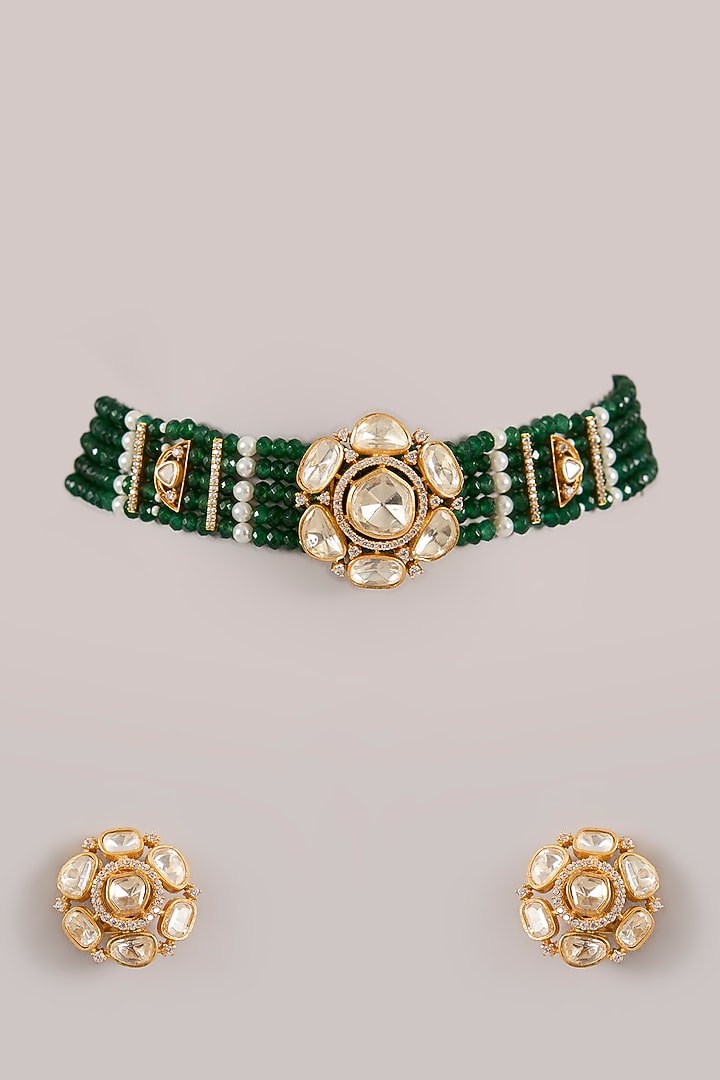 Gold Finish Blue Kundan Polki Choker Necklace Set by Zevar By Geeta at Pernia's Pop Up Shop