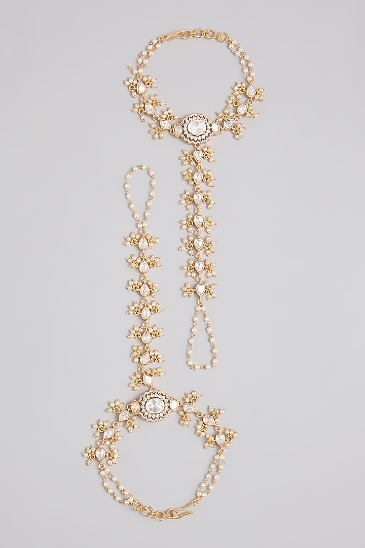 Gold Finish Kundan Polki Haathphool (Set Of 2) by Zevar By Geeta at Pernia's Pop Up Shop