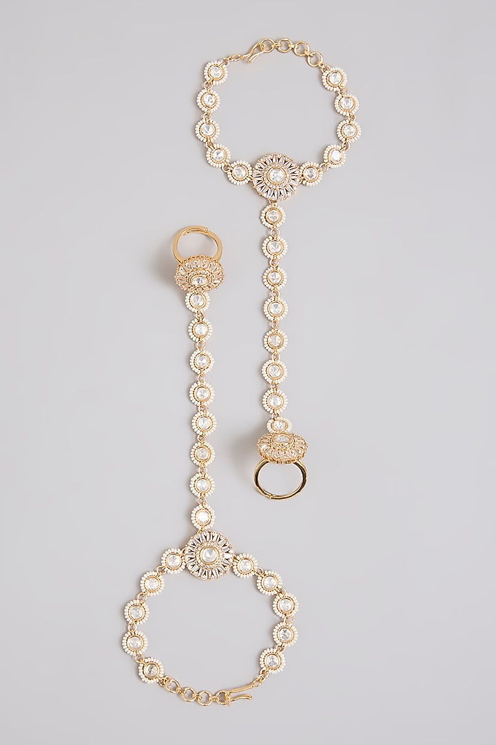 Gold Finish Kundan Polki Haathphool (Set Of 2) by Zevar By Geeta at Pernia's Pop Up Shop