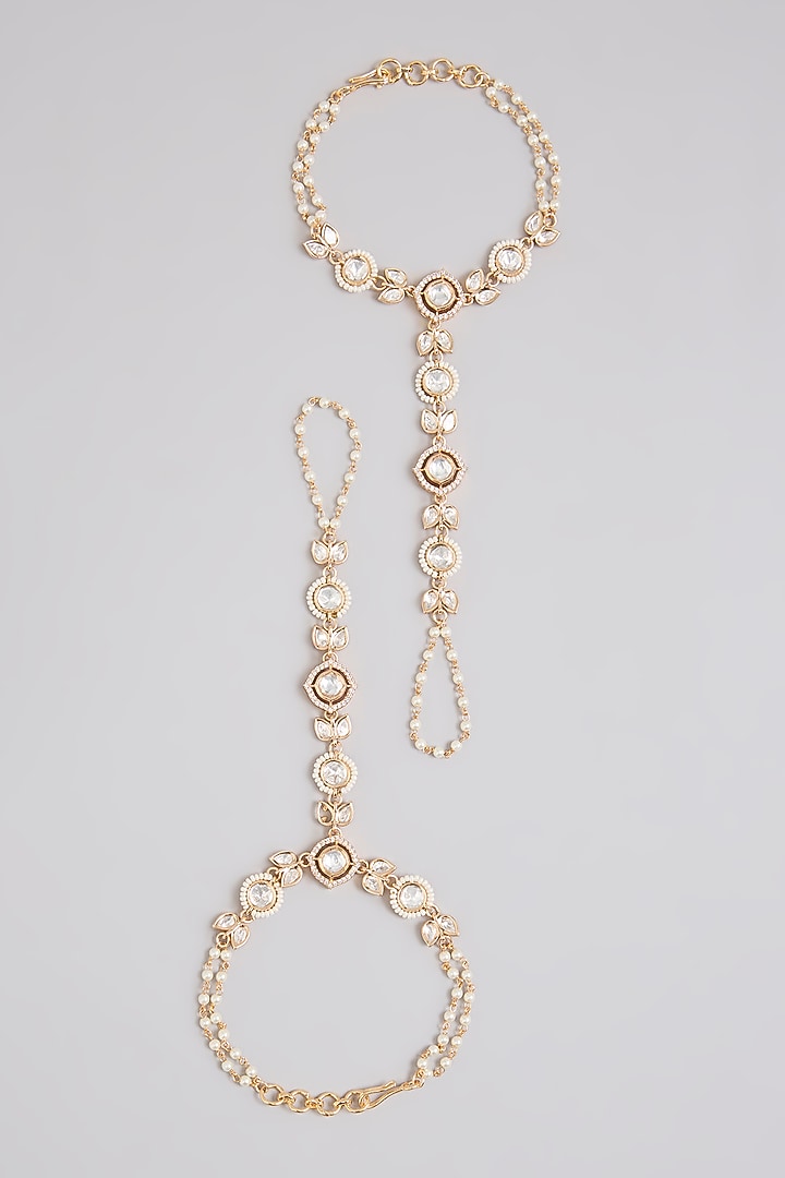 Gold Finish Kundan Polki Haathphool (Set Of 2) by Zevar By Geeta at Pernia's Pop Up Shop