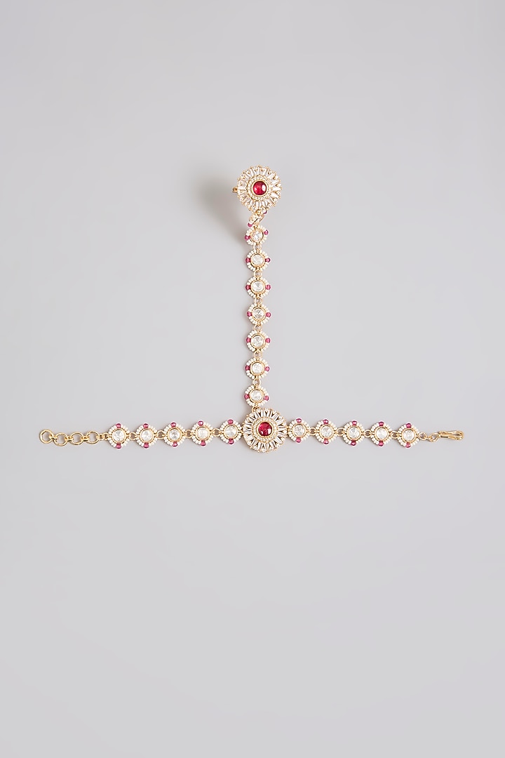 Gold Finish Kundan Polki & Red Stone Haathphool (Set Of 2) by Zevar By Geeta at Pernia's Pop Up Shop