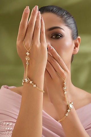 Gold Finish Kundan Polki Haathphool (Set Of 2) by Zevar By Geeta
