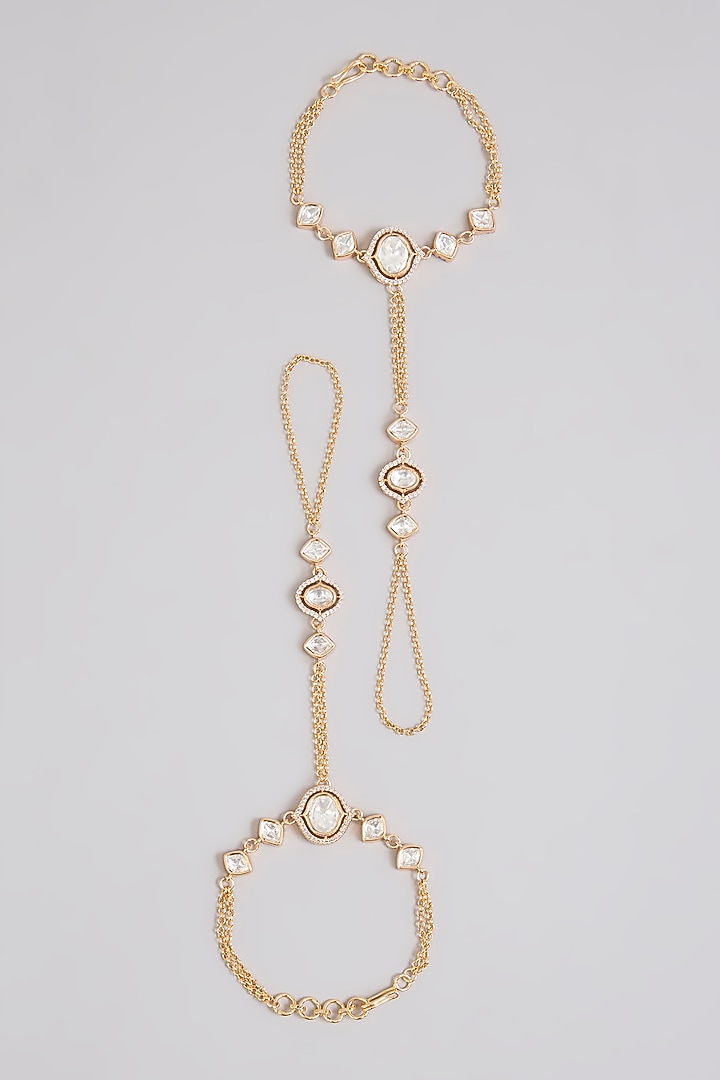 Gold Finish Kundan Polki Haathphool (Set Of 2) by Zevar By Geeta at Pernia's Pop Up Shop