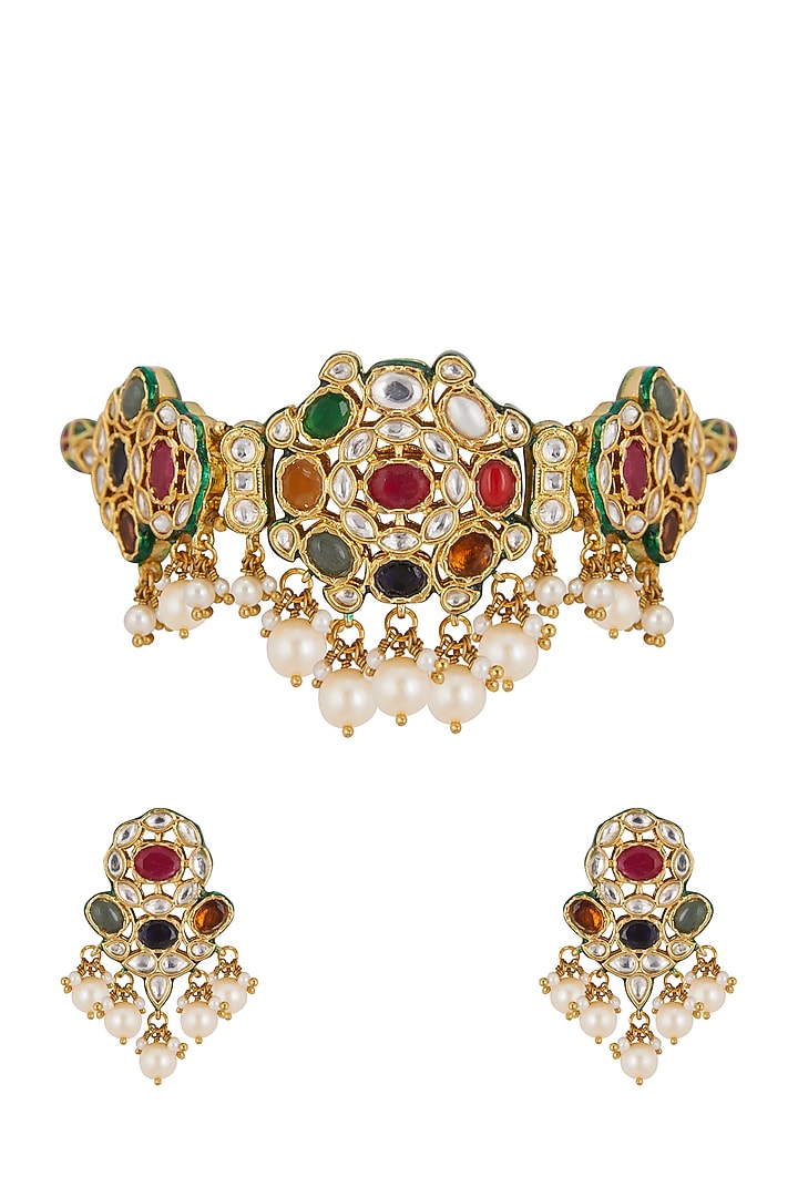 Gold Plated Navratan Choker Necklace Set Design by Zevar By Geeta at