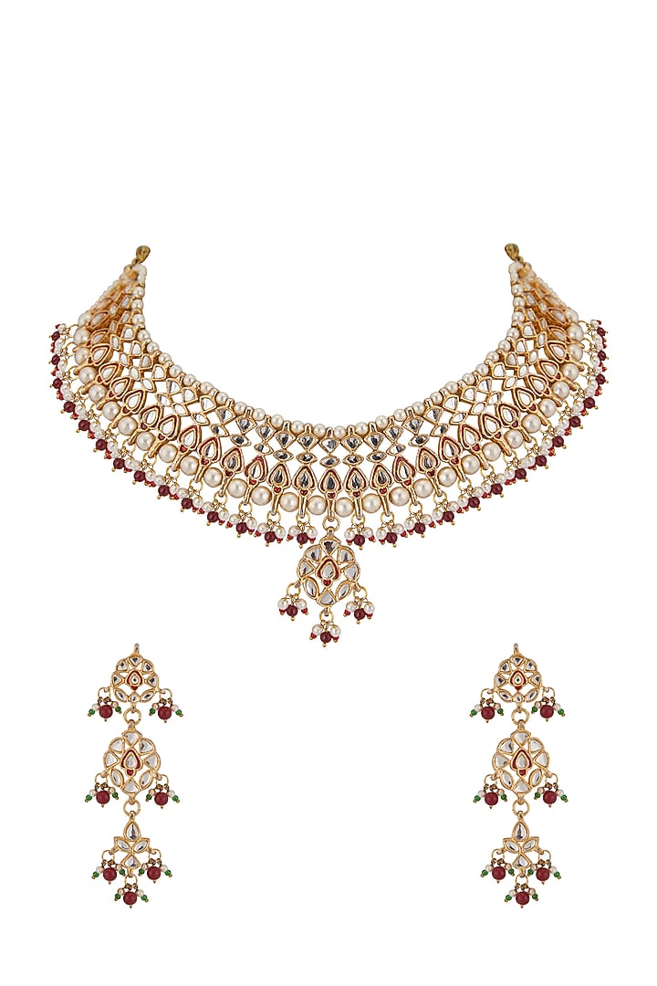 Gold Plated Kundan Polki & Red Beaded Necklace Set by Zevar By Geeta at Pernia's Pop Up Shop