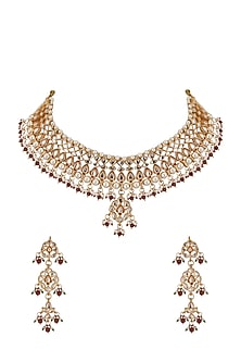 Gold Plated Kundan Polki & Red Beaded Necklace Set by Zevar By Geeta-JEWELLERY ON DISCOUNT