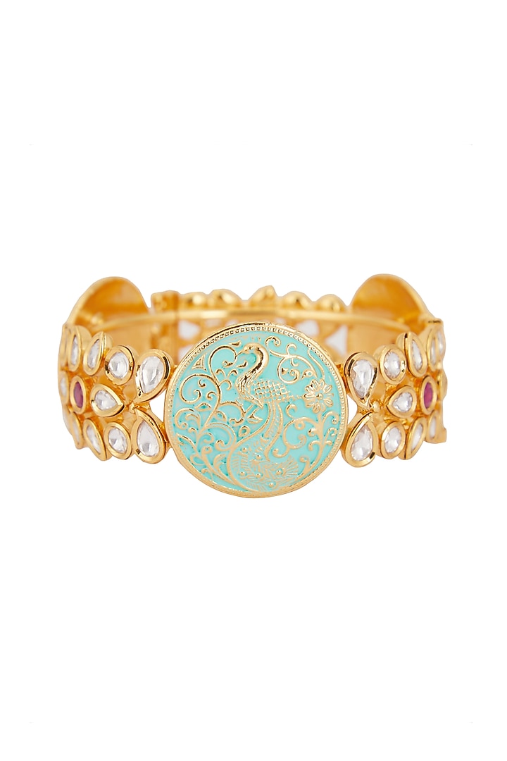 Gold Plated Kundan Polki Mint Green Meenakari Kada by Zevar By Geeta at Pernia's Pop Up Shop