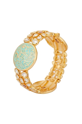 Gold Plated Kundan Polki Mint Green Meenakari Kada by Zevar By Geeta