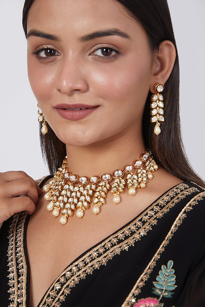 Gold Plated Kundan Polki Choker Necklace Set by Zevar By Geeta