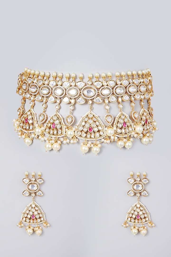 Gold Plated Kundan Polki Necklace Set by Zevar By Geeta at Pernia's Pop Up Shop