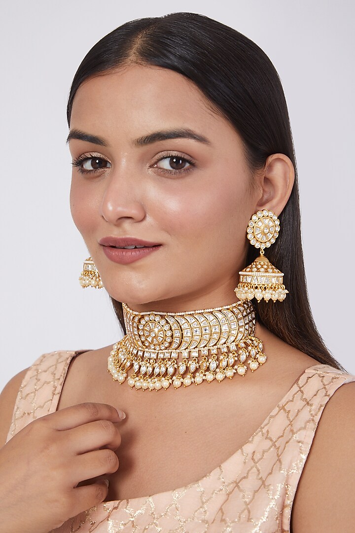 Gold Finish Kundan Polki Necklace Set by Zevar By Geeta at Pernia's Pop Up Shop