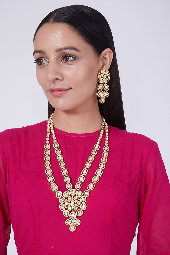 Gold Plated Kundan Polki & Diamond Necklace Set by Zevar By Geeta at Pernia's Pop Up Shop
