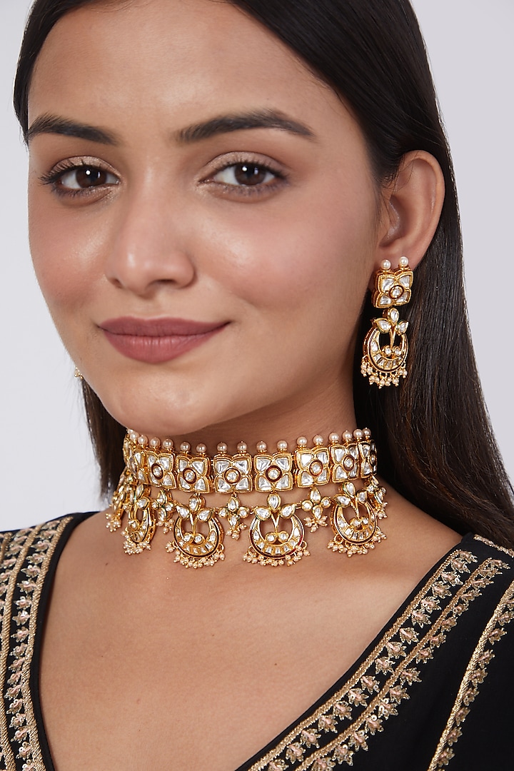 Gold Plated Necklace Set With Kundan Polki by Zevar By Geeta